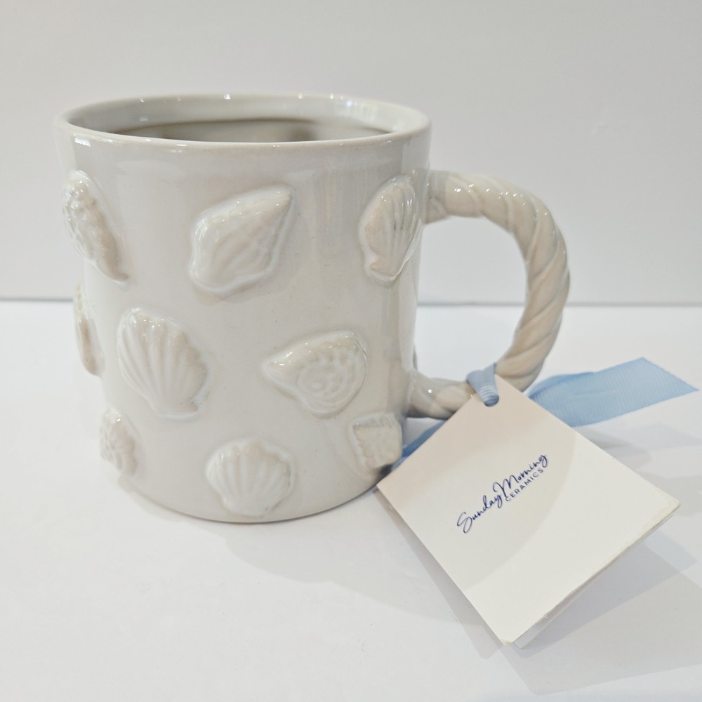 Sunday Morning Ceramics Mug Shells Shell Seaside Harbor Artisanal White New!